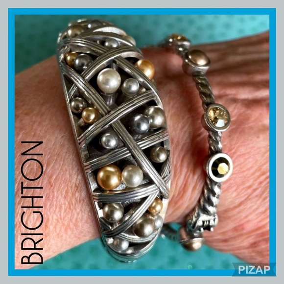 BRIGHTON BRACELET SINGLE SMALL BANGLE MAGNETIC HINGE WITH GOLDEN PEARLS/STONES - Picture 3 of 15
